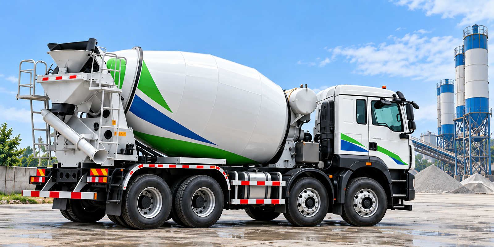 Concrete mixer truck at a construction site